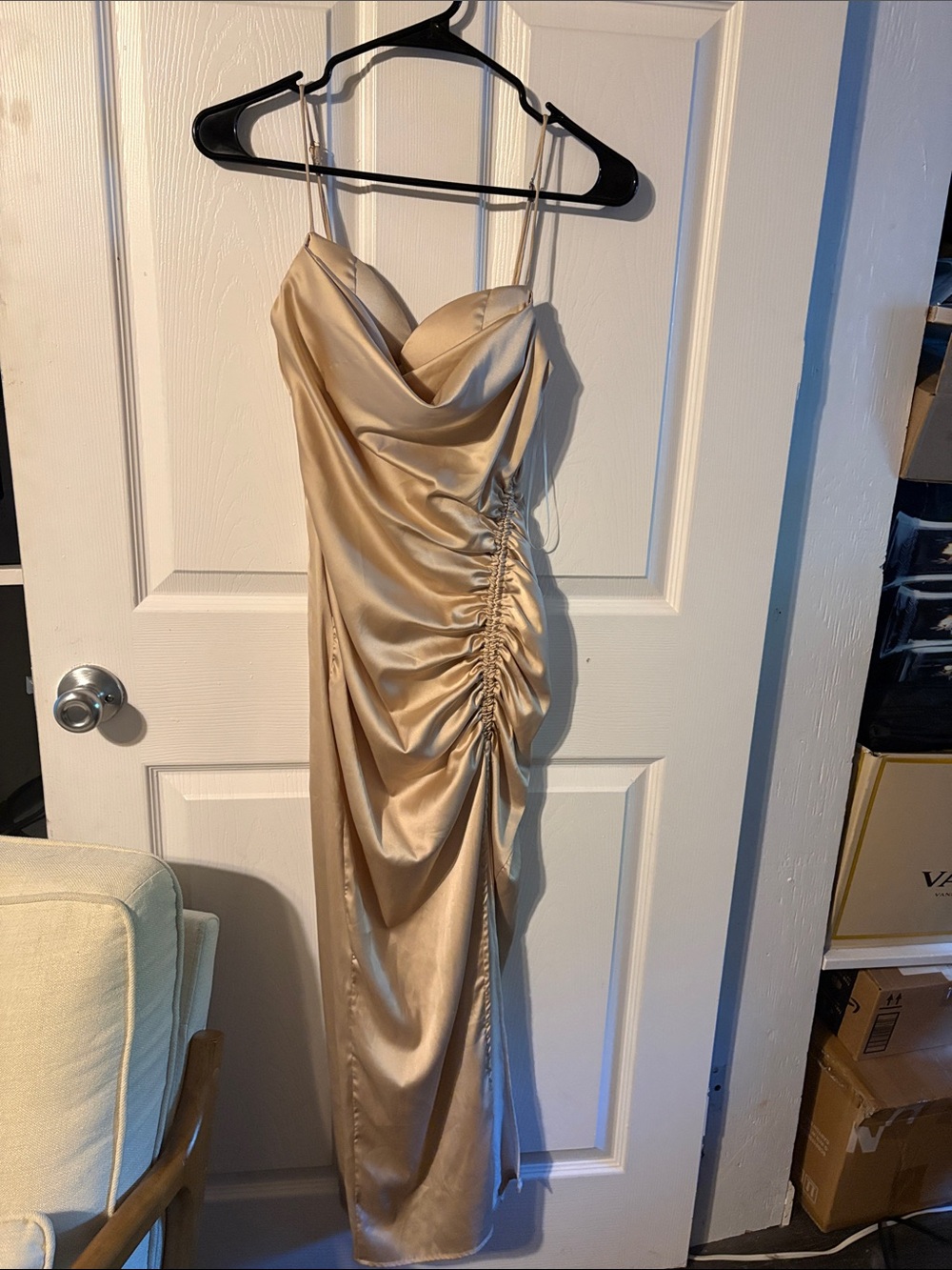 Spaghetti-Strap Satin Midi Dress in Champagne with Side Ruching size S